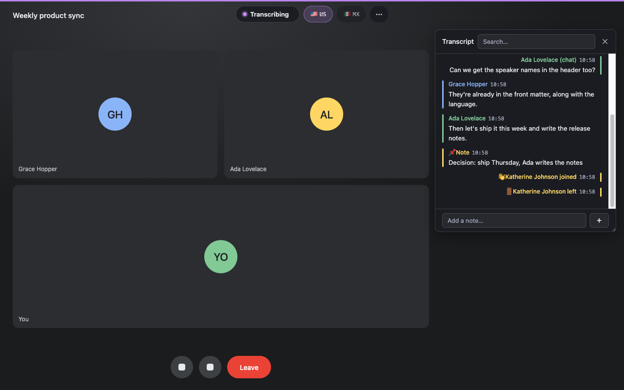 The in-meeting controls and the live transcript panel