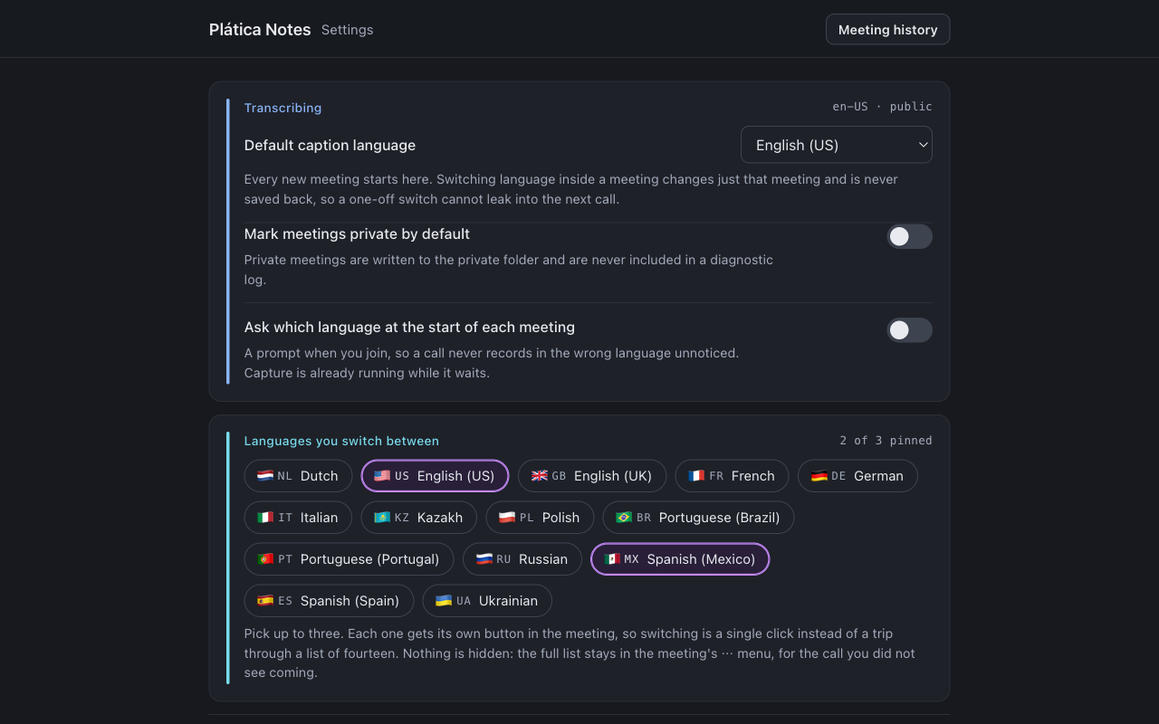 The settings page